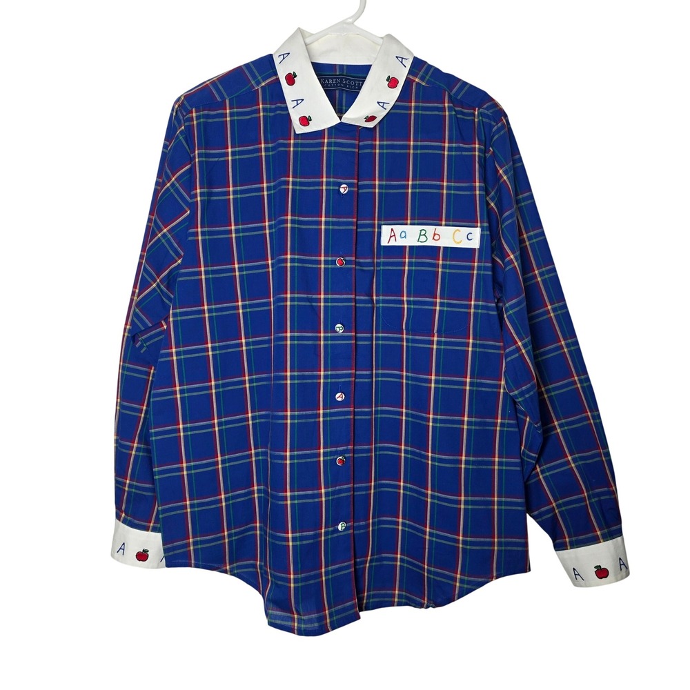 Karen Scott Vintage Teacher Shirt Blue Plaid Alphabet Apple Embroidered Large